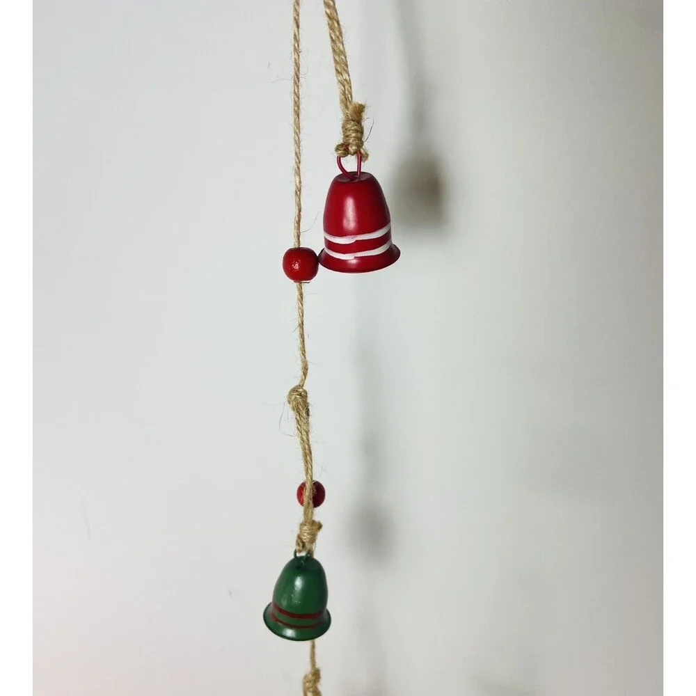 Silver Tree 39 inch Metal & Jute Garland Red & Green Retro Striped Jingle Bells